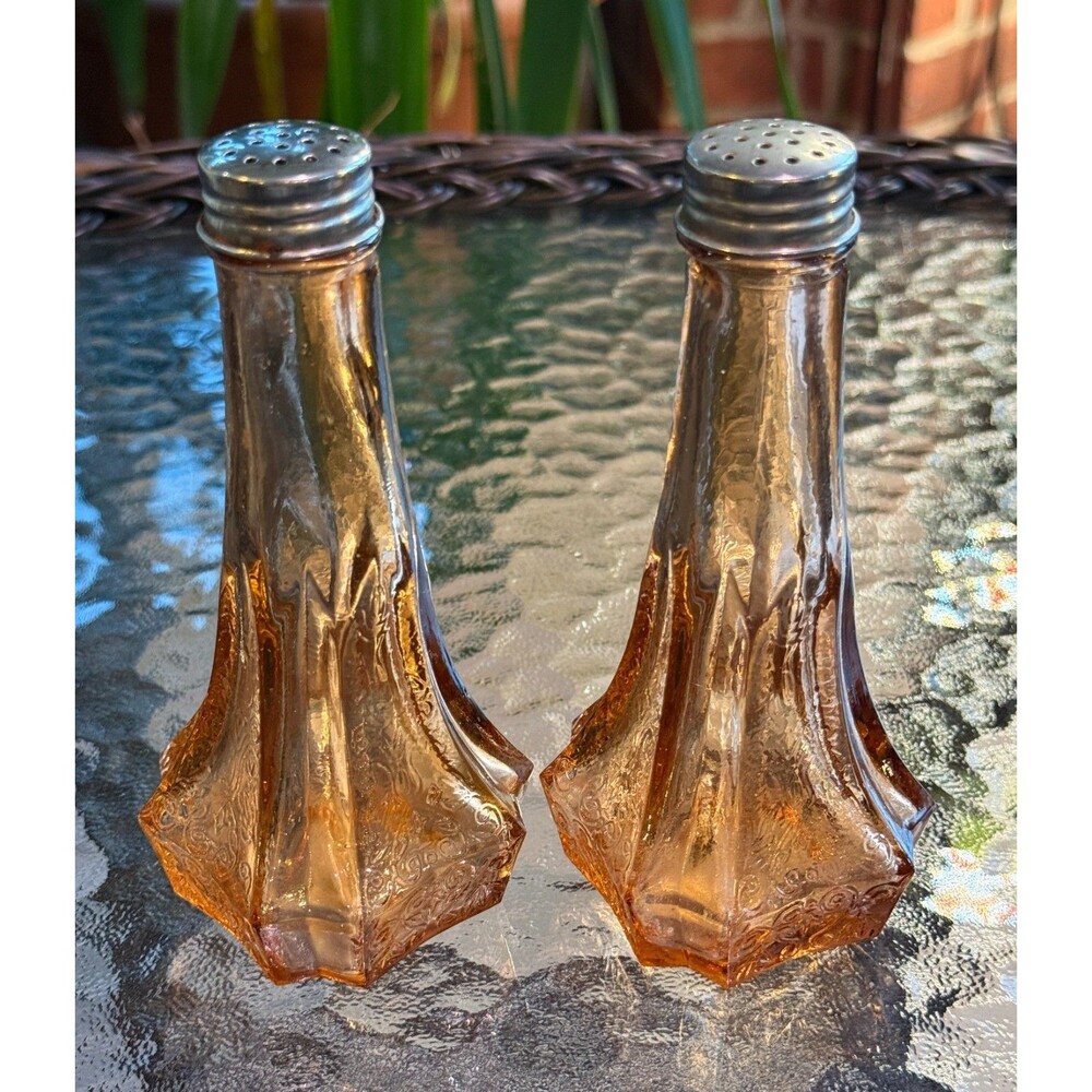 Pink Amber Salt and Pepper Shakers Vintage Floral Pattern Silver Caps 5.5in